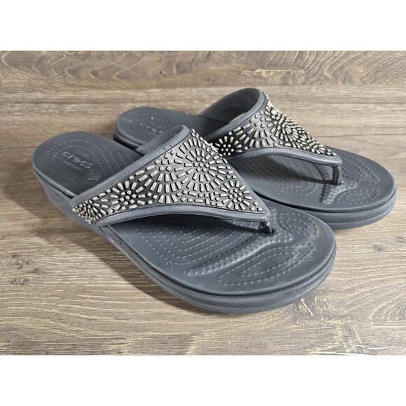 CROCS Women's Size 9 Black Embellished Monterey Diamante Wedge Flip Flop Sandals - Picture 1 of 9